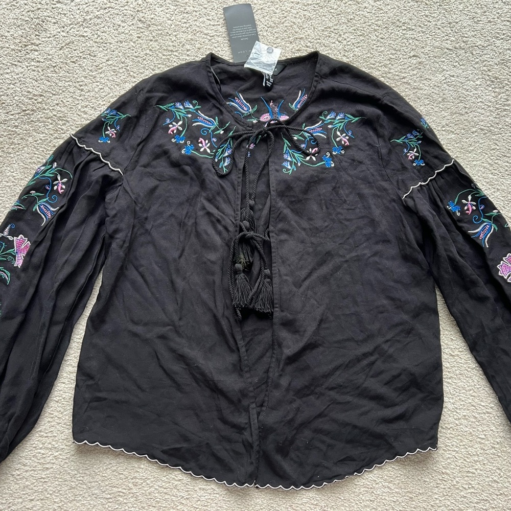 NEW LOOK BLACK FLORAL CARDIGAN TOP JACKET Blazer TIE FRONT SZE 4 Poncho Duster
